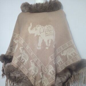 Elephant Tan Winter Jacket Poncho fringes, One Size